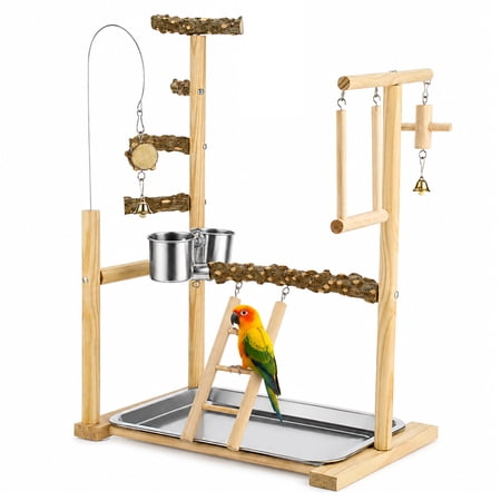 Bird Playstand, Natural Wood Parrot Playground with Ladder, Swing, and Stainless Steel Feeder Cups, 14.0 x 9.1 x 19.3 in Bird Perch Stand Activity Gym for Cockatiels and Parakeets