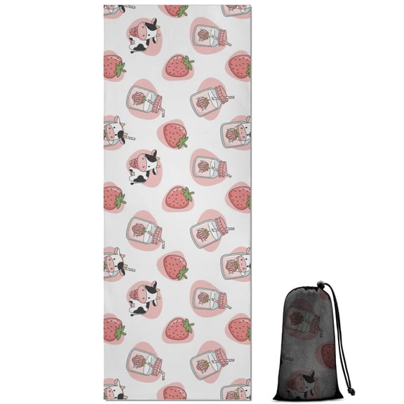 White Cow Strawberry Jar Pattern Hot Yoga Mat Towel Non Slip for Hot Yoga - Quick-Drying Yoga Mat Cover with 4 Corner Pockets with Travel Bag - Hot Yoga Towel Non Slip 70"x26"