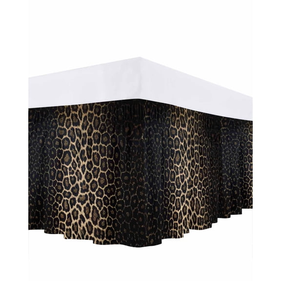 Leopard Print Bed Skirt Queen Size, Chic Abstract Black Brown Animals Texture Wrap Around Bed Skirting with Adjustable Elastic Strap, Dust Ruffle Pleated Bedskirts 18 Inch Drop for Bedroom Queen Beds