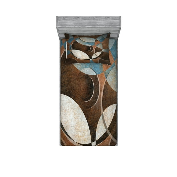 Ambesonne Abstract Fitted Sheet & Pillow Sham Set, Grunge Vintage Rounds, Twinxl, Umber Slate Blue