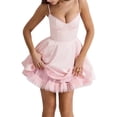 thumbnail image 3 of Women Satin Short Corset Mini Dress Sleeveless Sweetheart Neckline Ruffle Party Dress Summer with Pockets Pink S, 3 of 9