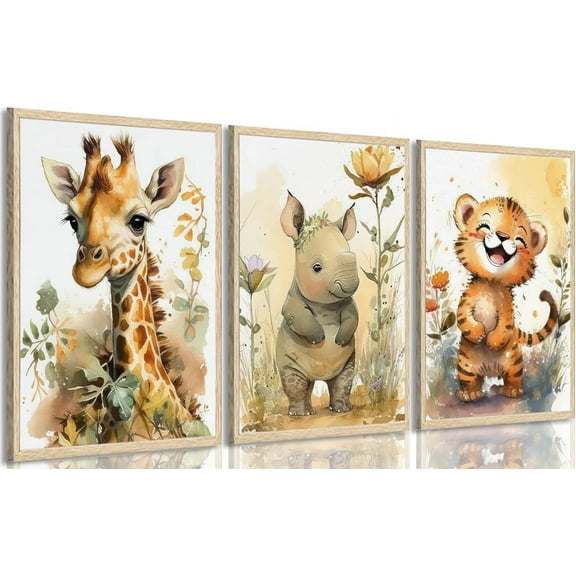 Hieng 3Pcs Safari Nursery Canvas Wall Art watercolor baby Animal Wall Decor Lovely Jungle Animal Picture Painting Kids Room Prints artwork for Boy Girl and Baby Room wall decoration
