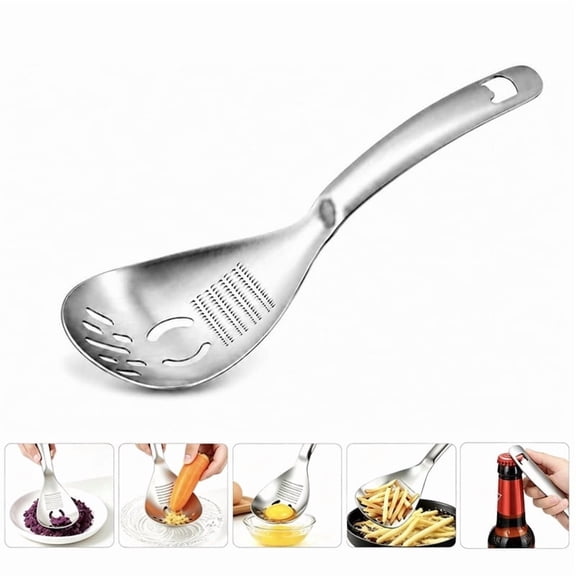 5 in 1 304 Stainless Steel Cooking Spoon, Multifunctional Egg Yolk Separator, Potato Masher, Ginger Garlic Grater, Bottle Opener & Slotted Filter Spoon for Kitchen Daily Use