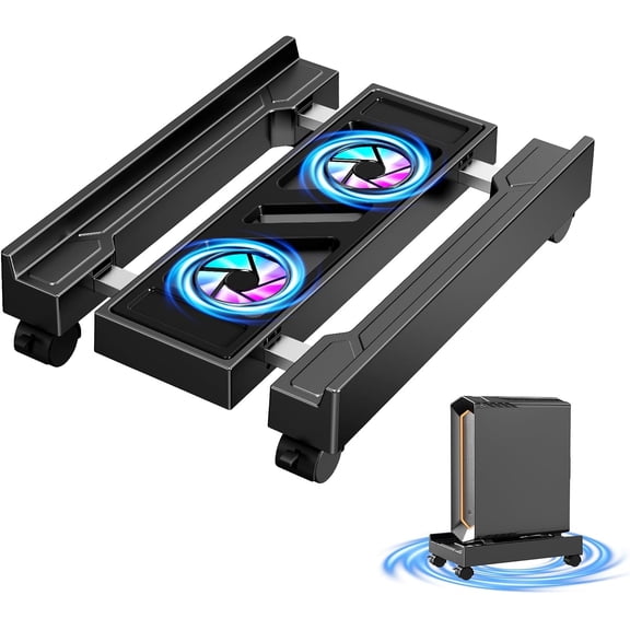 Adjustable Computer Tower Stand with Cooling Fan, Mobile CPU Stand with 4 Rolling Casters, Under Desk CPU Holder PC Floor Cart PC Riser for Office,Gamers and Students