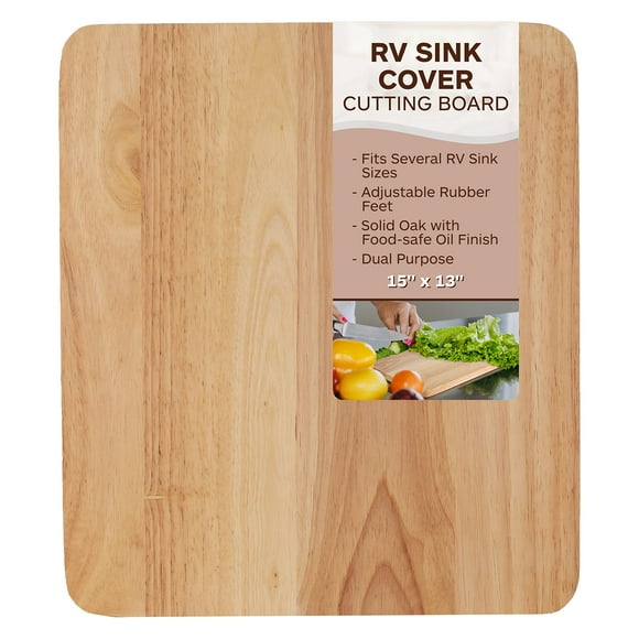 TonGass 15"x13"x3/4" RV Sink Cover with Adjustable Rubber Feet - Camping Cutting Board - Solid Oak with Food-Safe Oil Finish - Dual Purpose Sink Cover Cutting Board Add Coun