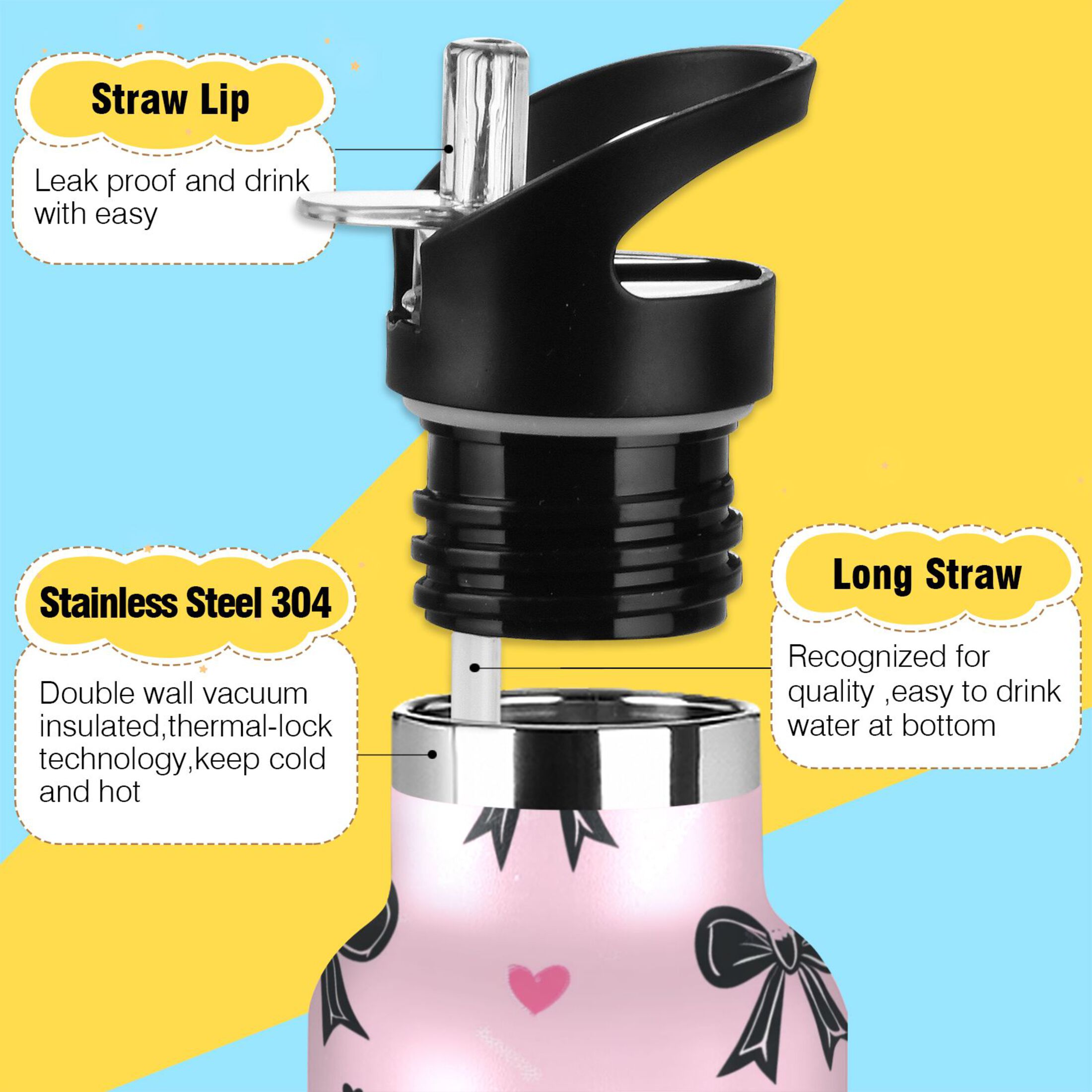 Kids Insulated Stainless Steel Sports Water Bottle 600ml (20oz) Black Bows