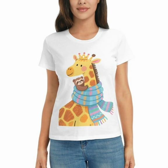Women's Halloween T-Shirt Giraffe and Sloth Print Graphic Cozy Cute Short Sleeve Cotton Tee Halloween Novelty Tee Top