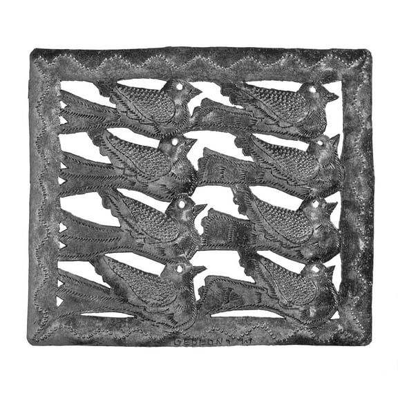 Haitian Recycled Steel Oil Drum, Metal Hanging Wall Art, 8" x 7" Eight Birds in Rectangle