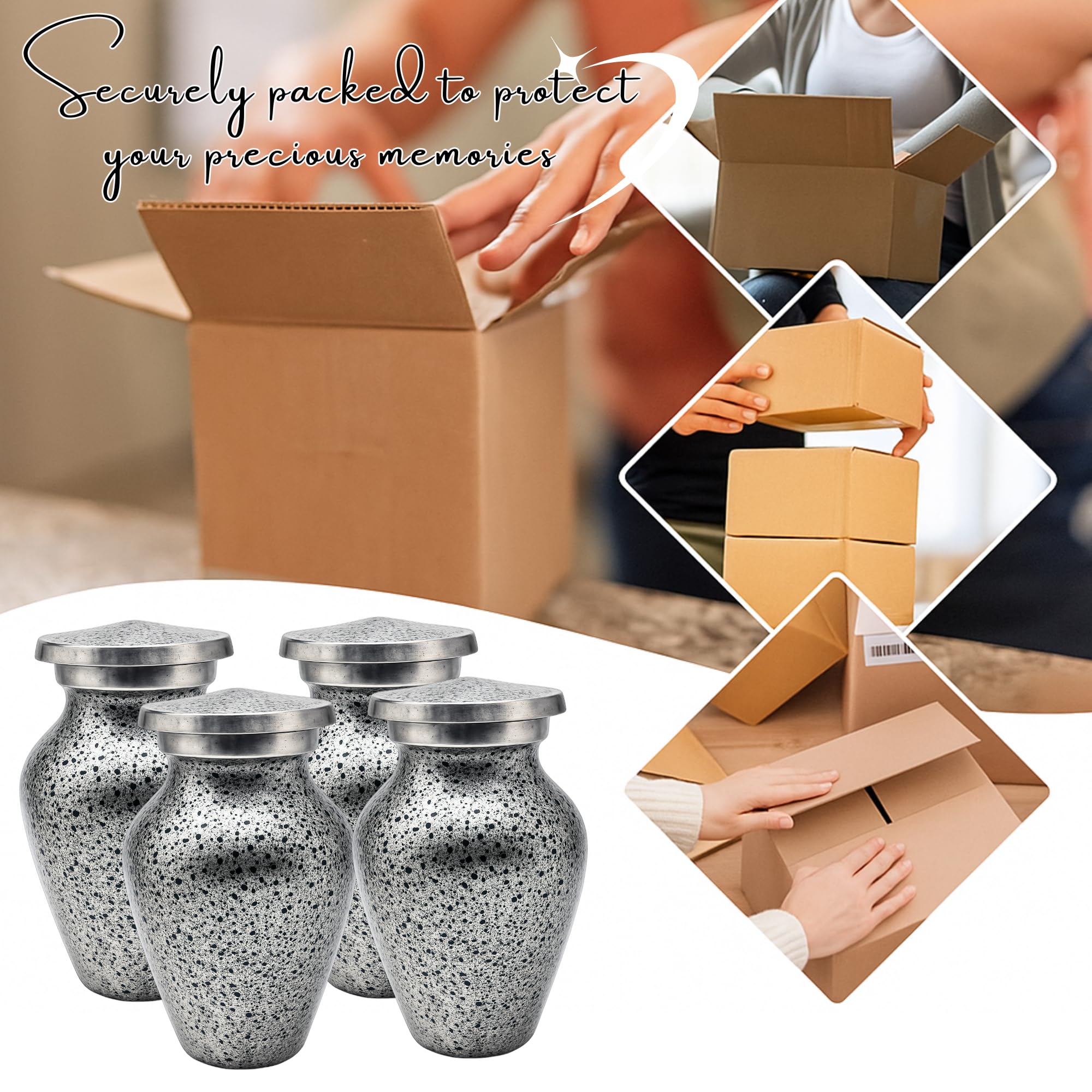 Nova Niche Urns Small Size Cremation Urn for Human Ashes, Mini Keepsake Set of 4 Black and Silver with Velvet Case