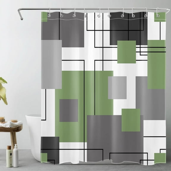 HVEST Abstract Geometric Shower Curtain, Green and White Line Bathroom Curtain Modern Geometric Fabric Decor Curtain with Hooks, 60X72 inch