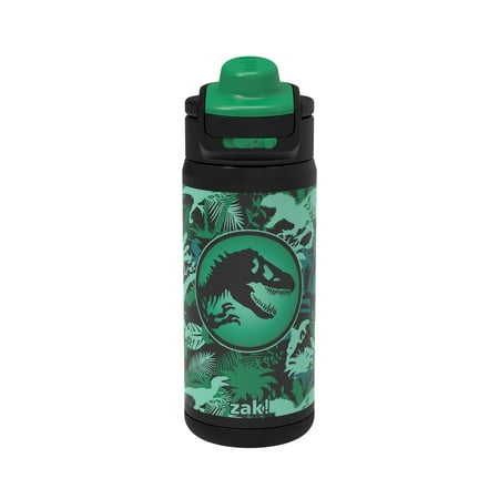 Zak Designs 14oz Jurassic Park Kids Straw Water Bottle, Stainless Steel Vacuum Insulated Lincoln Bottle with Easy-Open Locking Spout Cover for Travel, Built in Carry Handle