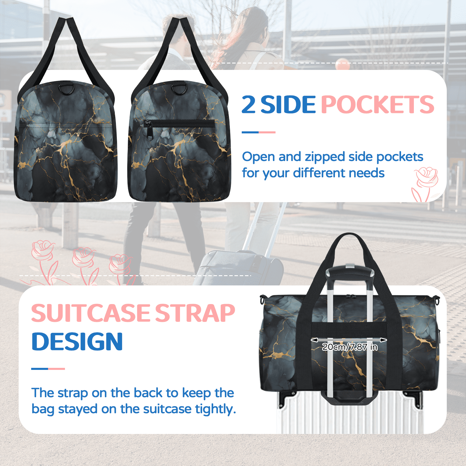 Herdesigns Black Marble Travel Duffle Bag Sports Yoga Weekender Overnight Carry on Workout Bags Lightweight Waterproof Gym Tote Bag for Women