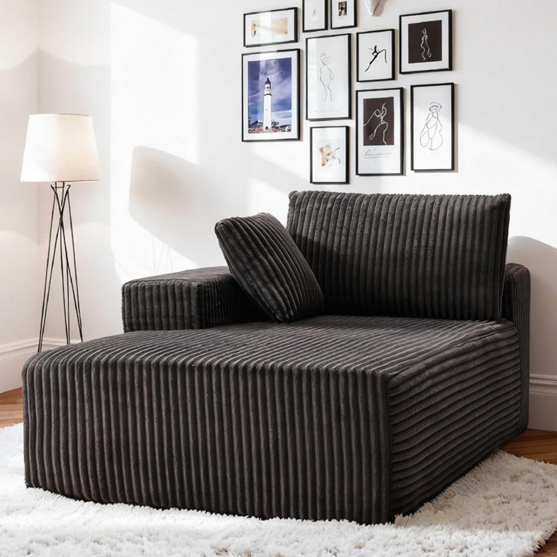 Gelloan Indoor Chaise Lounge Chair with Armrest, Modern Upholstered Boneless Sofa with Soft Pillows and Deep Seat, for bedroom,Gray with Left Armrest