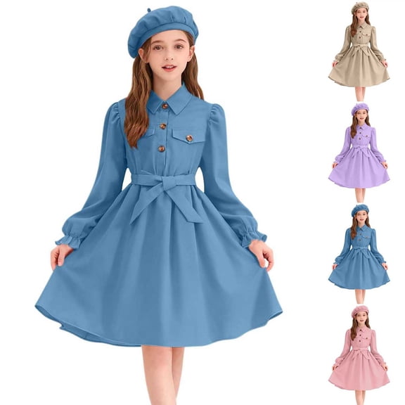 Girls Casual Shirts Dress Beret Hat Sets Vacation Vintage Ruffle Long Sleeve Dresses Kids Comfy Flowy Spring Fall Outfits With Belt
