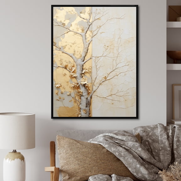 Designart "American Basswood Tree In Gold And Beige" Tree Amercian Basswood Floater Framed Canvas Wall Art