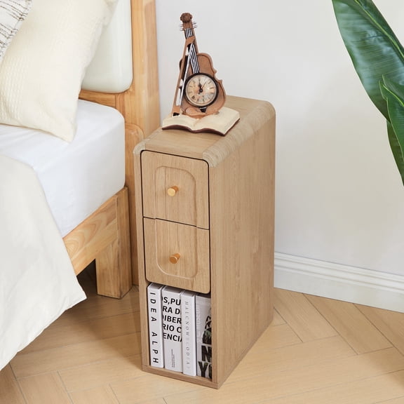 Wirrytor Mid-Century Modern Narrow Nightstand with 2 Drawers for Bedroom, Slim Bedside Table and Side End Table, Natural Oak