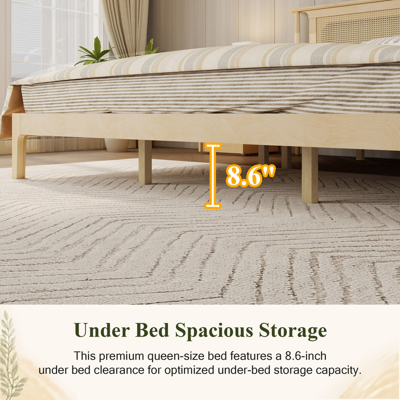 King Size Wooden Platform Bed with Rattan Headboard, Low-Profile Bed Frame with 8.6'' Under-Bed Storage