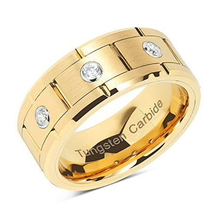 100S Jewelry - Tungsten Rings for Mens Gold Wedding Bands 3 CZ Inlaid ...