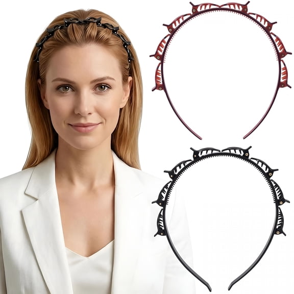 TUWAFE 2Pcs Clip Headbands for Women, Double Layer Braided Bangs Headband with Teeth, Headband with Clips on Top, Hair Accessories for Daily, Parties, Festivals Hairstyling - Brown