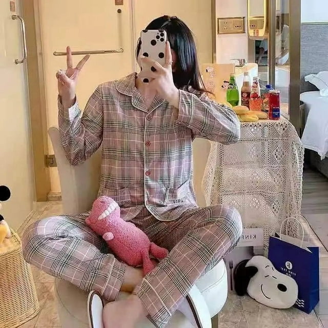 Ensemble de Pyjama Ample à Manches Longues pour Femmes, Cardigan et Pantalon, Motif à Carreaux Rose Sakura
