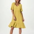 thumbnail image 5 of Dressy Dresses for Women Flowy Midi Cotton Linen V Neck Knee Length Boho Shirt Dresses Short Sleeve Ruffle Tiered Layered Vacation Gauze Dresses Yellow M, 5 of 5