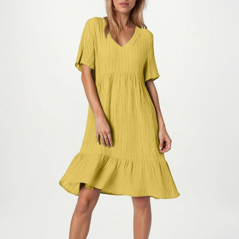 Tianiyouqing Casual Wrap Dresses for Curvy Women Short Sleeve Cotton Linen V Neck Trendy Gauze Dresses Knee Length Ruffle Tiered Layered Vacation