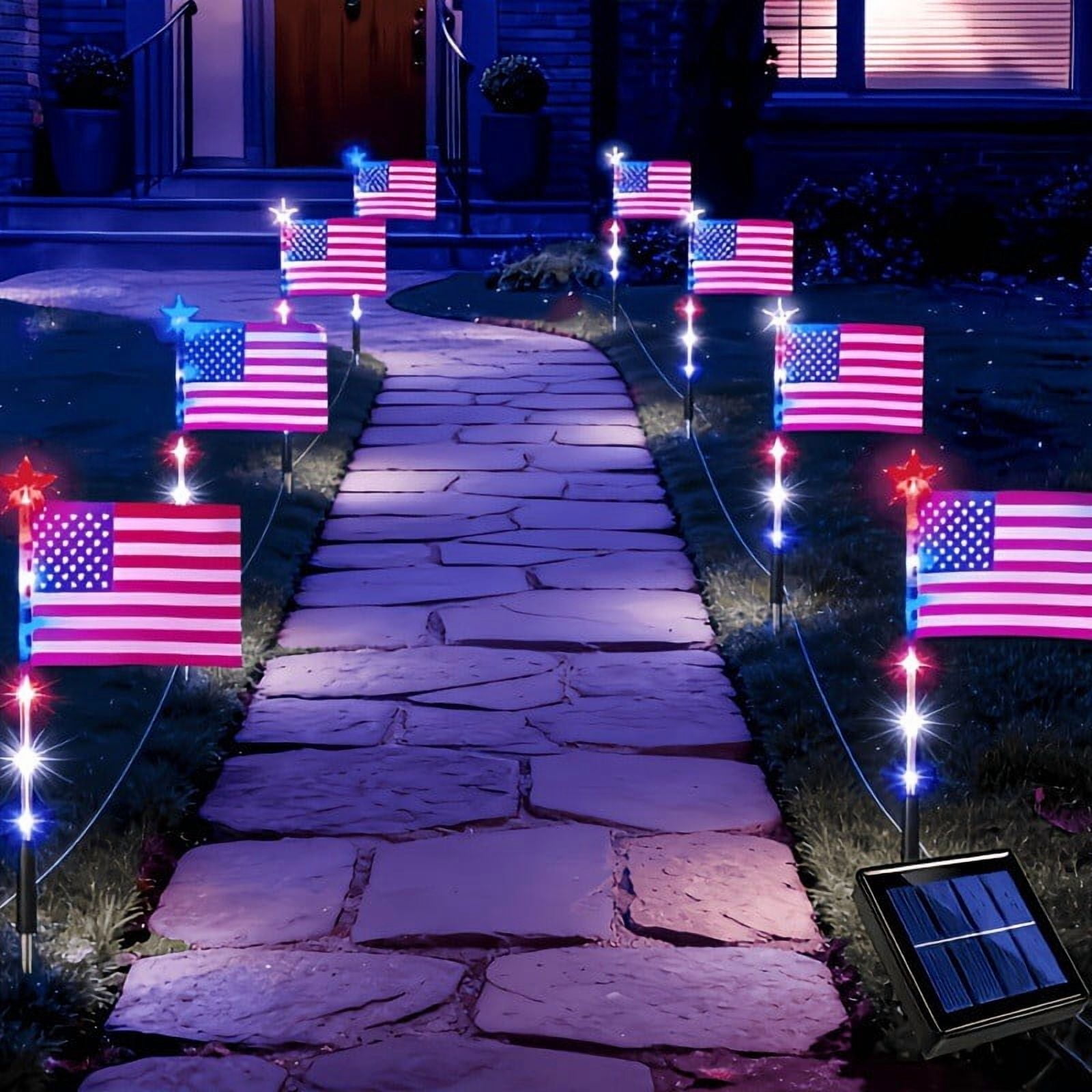 CSSAD 8 Pack Solar American Flag Pathway Lights - Patriotic Red White Blue Outdoor Stake Waterproof LED Lights, 4th of July Memorial Day & Independence Day Yard Garden Flag Pole Light Solar Powered