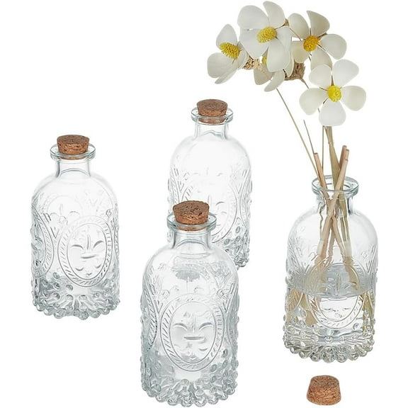 4pcs 200ml Glass Bottles with Cork Lids Vintage Embossed Decorative Bottles for Home Decor Kitchen Spices Jar Aromatherapy Vase Perfume Bottle