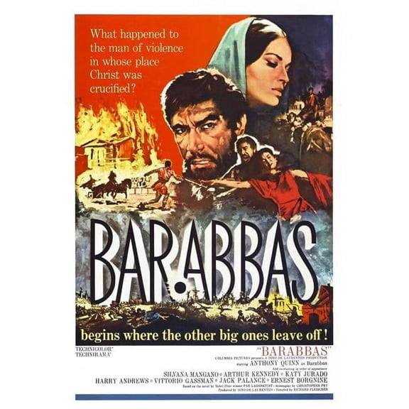 Everett Collection EVCMCDBARAEC005H Barabbas US Poster From Left Anthony Quinn Silvana Mangano 1962 Movie Poster Masterprint, 11 x 17