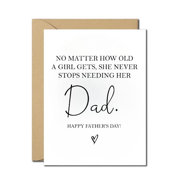 Father’s Day Card from Daughter – No Matter How Old a Girl Gets She Never Stops Needing Her Dad – Sentimental Daddy Greeting Card – Blank Inside with Envelope