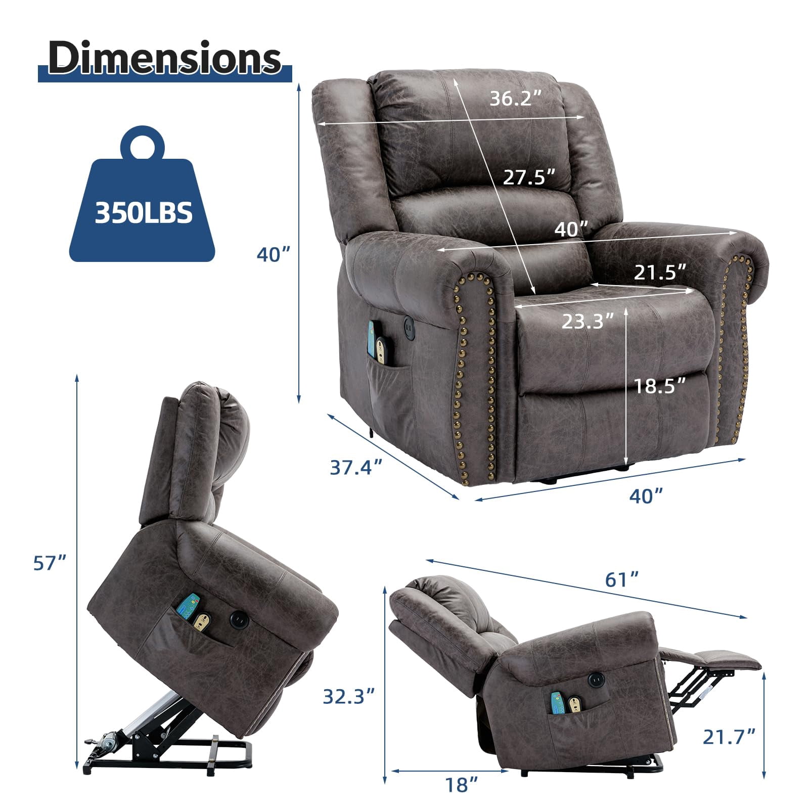 SOCIALCOMFY Power Lift Recliner Chair for Elderly with Massage and Heat, Electric Recliner Chair with Rivet Decoration, 2 Remote Controls, Side Pockets & USB Ports for Home, Office (Smoky Gray)