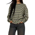 thumbnail image 2 of Women's Striped Sweater Waffle Knit Tops for Women Long Sleeve Shirts Light Weight Fall Tops Green S, 2 of 8