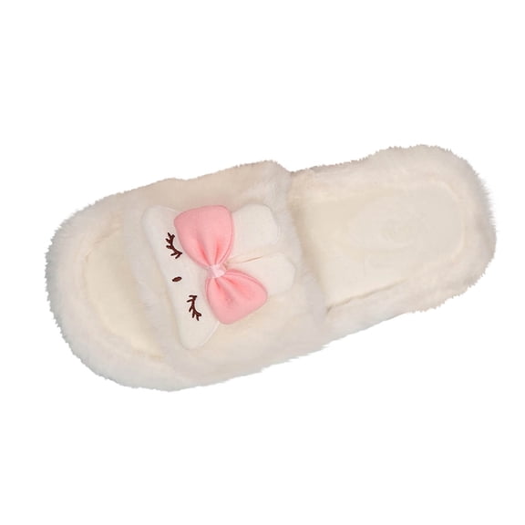 Xfvqtps Women Fluffy Slippers Cute Rabbit Decor Open Toe Non-Slip Warm Comfortable Winter Indoor Home Plush Slippers White