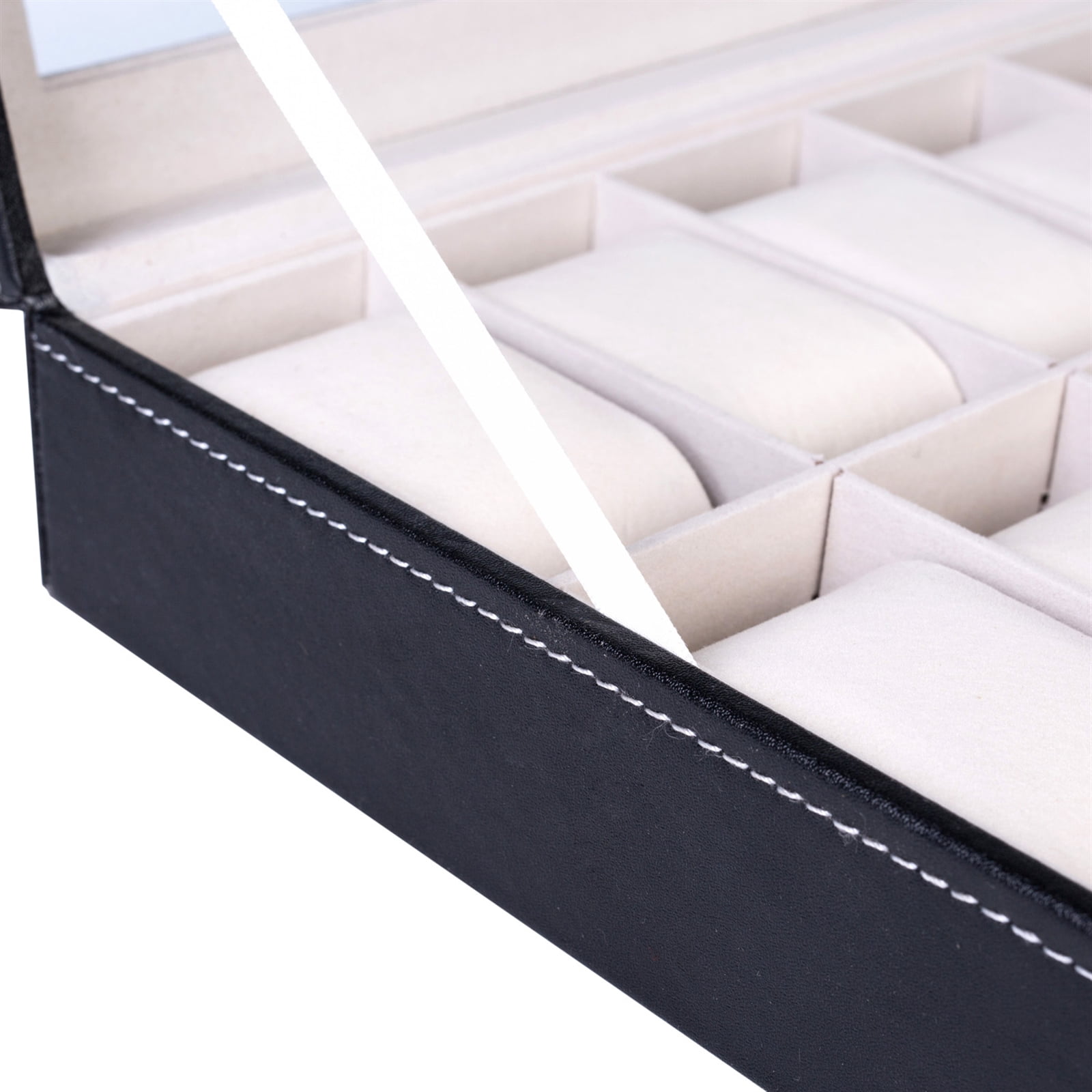 12 Compartments Leather Watch Box Top-Opening Watch Storage Case Portable Watch Organizer Black