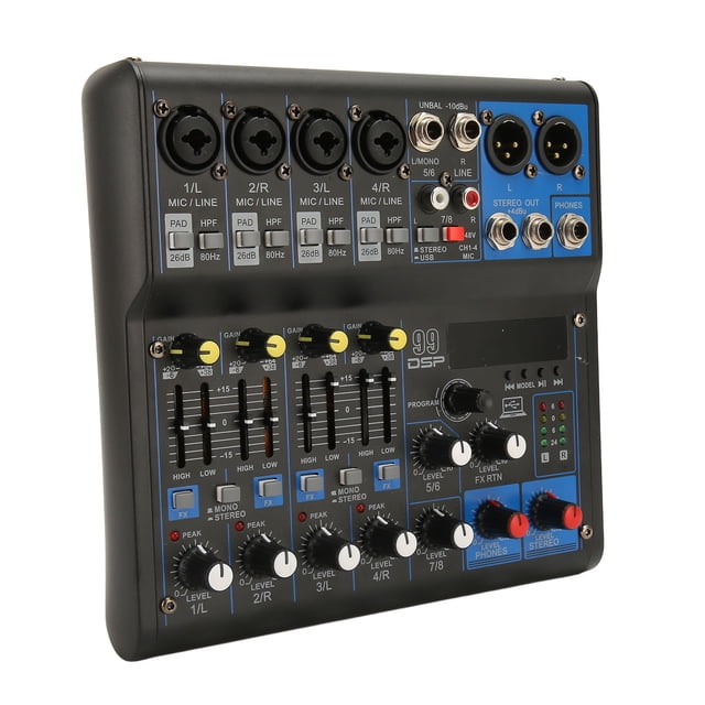 8 Channel Sound Mixer Board with 99 DSP Effects and MP3, Digital Mixer for Studio Stage Live Streaming, 100-240V
