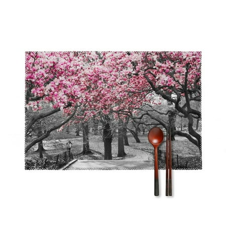 

Pink blossoms central park black white Dinner Placemats Set of 4 Kitchen Table Placemats 18 * 12 Inches Place Mats Dining Tables Indoor for Kitchen Table Washable Decorations