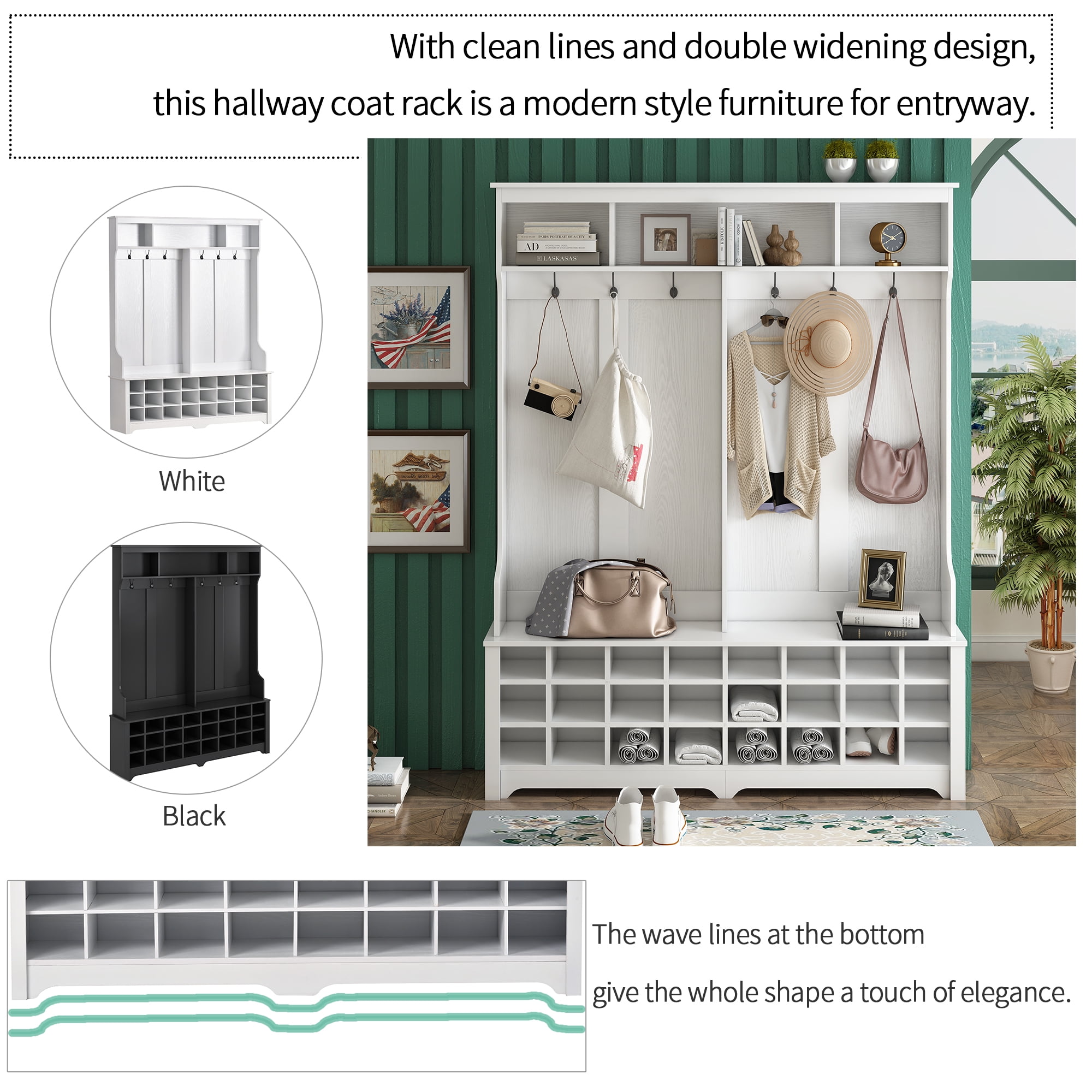 MAYEERTY Modern Hallway Coat Rack with Ample Storage Space: 60" Bench, 24 Shoe Cubbies, Metal Hooks, White