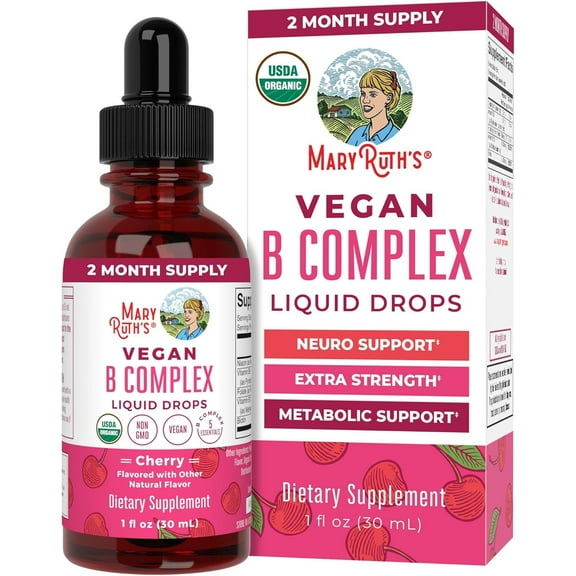 MaryRuth's Vegan Vitamin B Complex Liquid Drops, Cherry Flavor, Non-GMO, USDA Organic, 1 fl