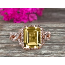 2 Carat 7x5mm Emerald Cut Champagne Diamond Moissanite Engagement Ring 10k Rose Gold Promise Ring for Bride or Anniversary Gift Startling Jewelry Twisted Across Design Halo Art Deco