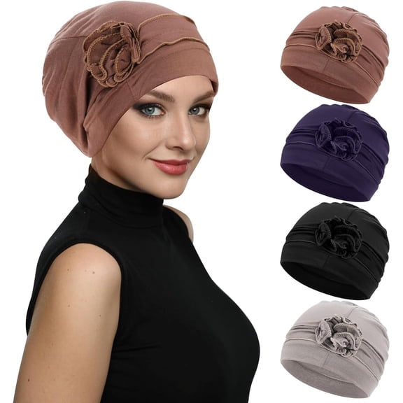 BEIPEGIN 4 Pack Chemo Headwear Turbans Cap Beanie Hat Head Wraps Hair Coverings for Women Sleep Cap Chemo Cancer Hat with Flower Design