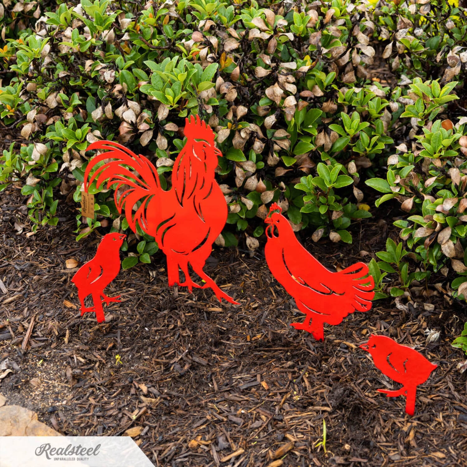 RealSteel Garden Art - Chickens 4 Pack, Life-Size Farmyard Yard Decorations (Penny Vein)