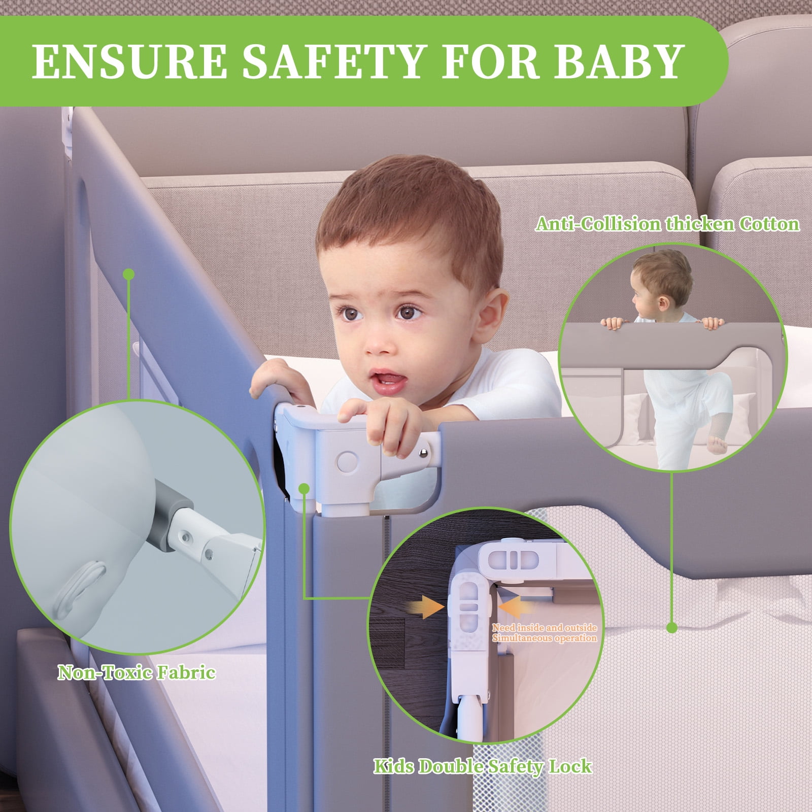 Bed Rail for Toddlers, Yadala Toddler Bed Rails with Double Child Lock for Queen King Bed, 78.7", 1PC, Gray