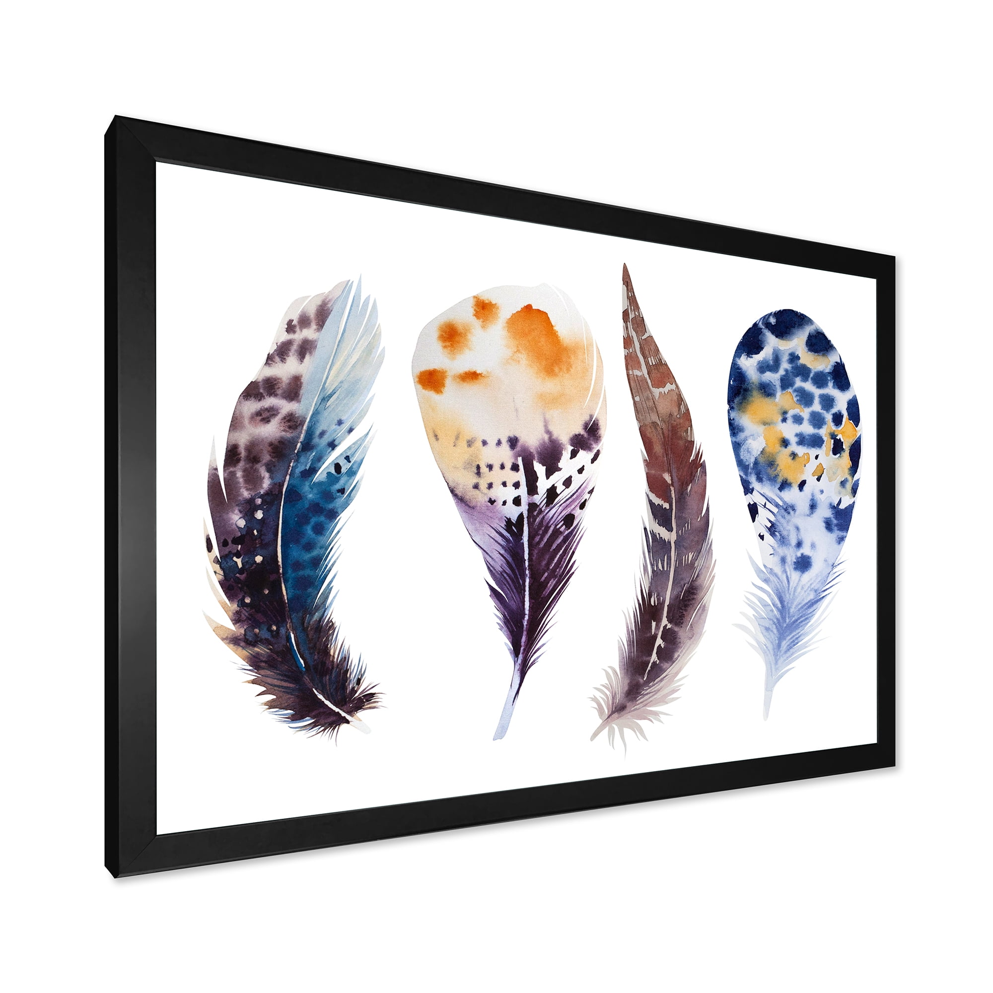 Designart 'Colourful Boho Feather Set On White VIII' Bohemian & Eclectic Framed Art Print