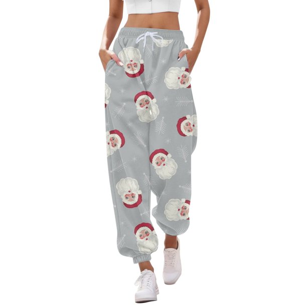 Gibobby pantalones de mujer Pantalones casuales de calle con estampado de combinación de telas navideñas para mujer con cintura elástica y pantalones deportivos con cordón en el tobillo (Gris, XL)