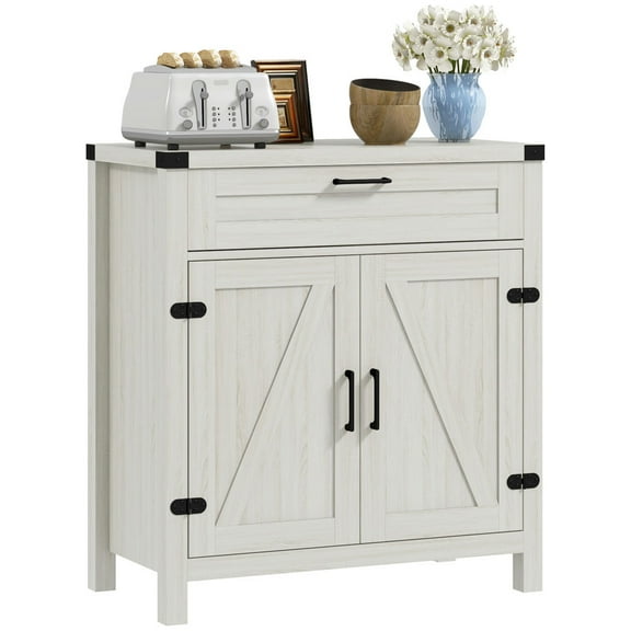 GVN Buffet Cabinet,Modern Farmhouse Sideboard with Storage, Buffet Cabinet with 2 Barn Doors and Drawer, White Oak