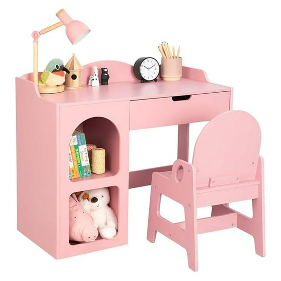 Kids Study Table and Chair Set, Wooden Kids Desk and Chair Set, Toddler Art Desk with Storage, Children Writing Table for 5-12 Years Old, Home School Use, Pink