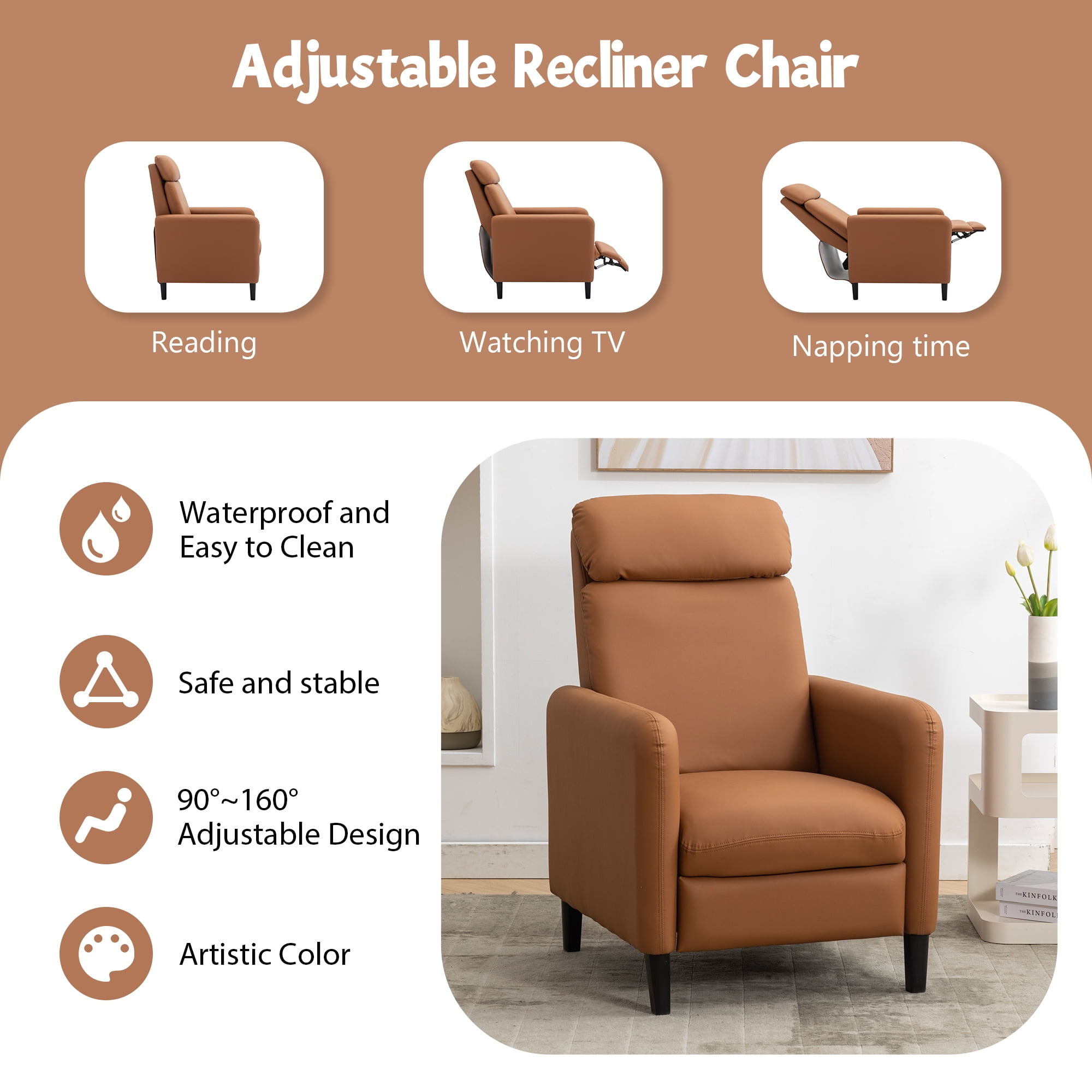 Aukfa Recliner Chair Adjustable Single Sofa Leather Lounge Chair for Living Room Bedroom,Burnt Orange