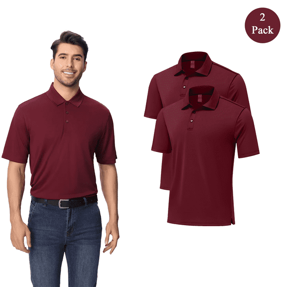 Zfeel Men’s Dry Fit Performance Polo T-Shirt, Poly Moisture Wicking Casual Shirt, Maroon Tee 2 Pack, Size S