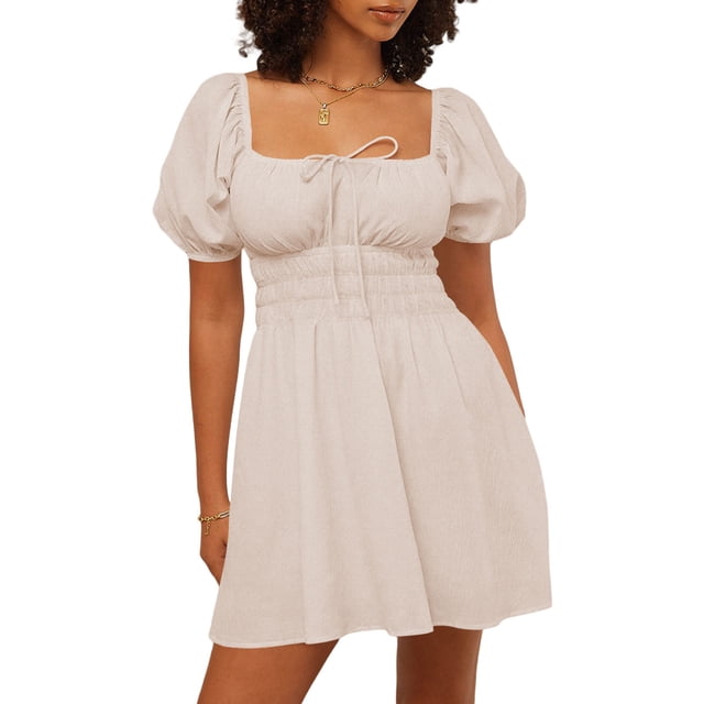 Honganda Robe Ligne A à Manches Courtes pour Femmes Robe d'Été Décontractée Col Carré Robe de Soirée Mode Urbaine de Plage