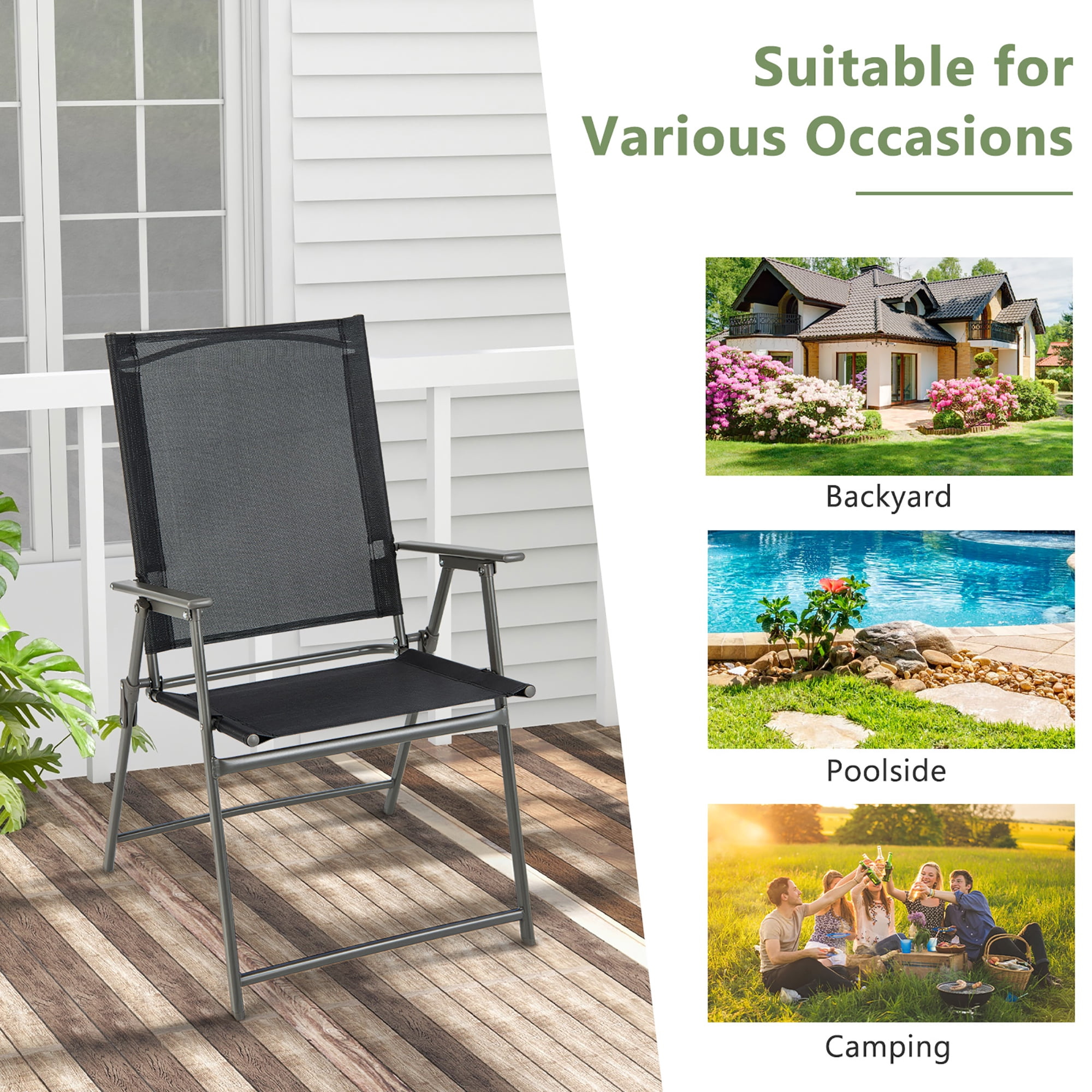 Costway 4pcs Patio Folding Portable Dining Chairs Metal Frame Armrests Garden Black